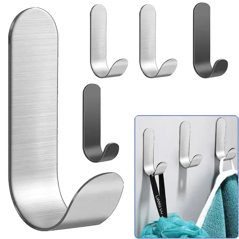 Various angles of a heavy-duty stainless steel self-adhesive wall hook in silver finish.
