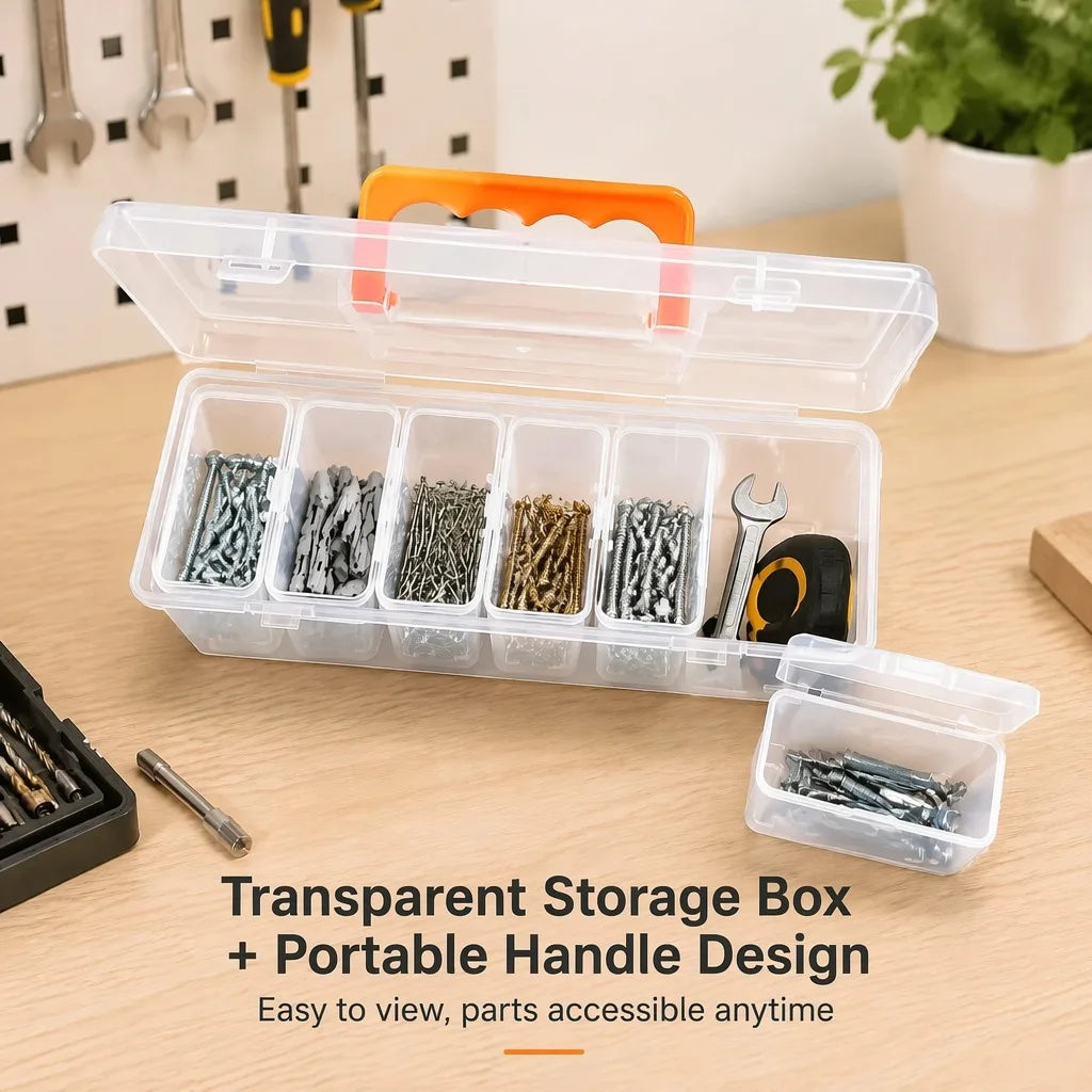 A transparent storage box with multiple compartments for organizing hardware and tools.