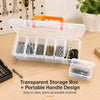 A transparent storage box with multiple compartments for organizing hardware and tools.