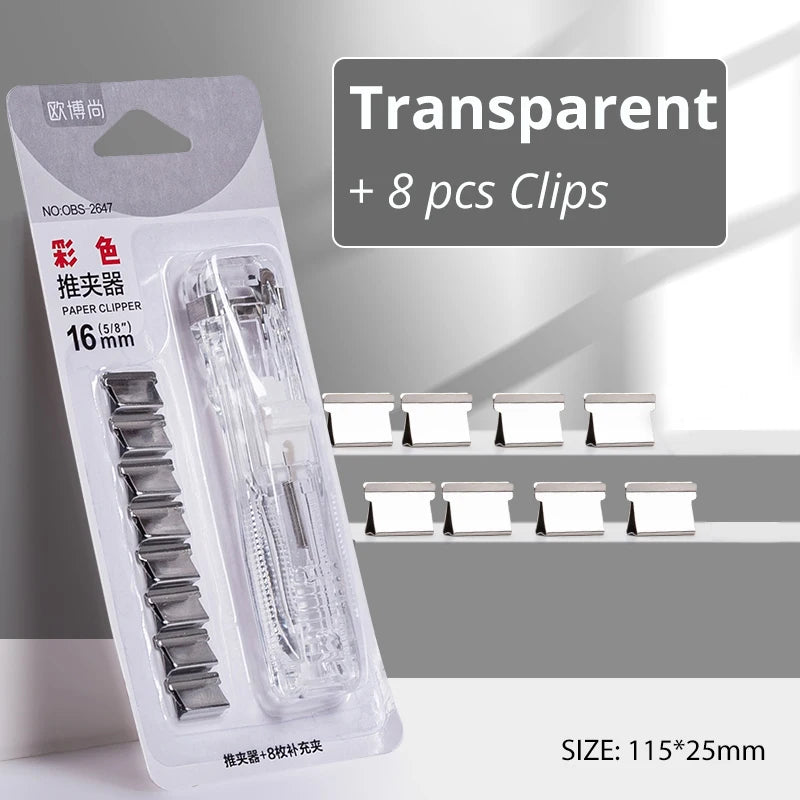 A package of transparent paper clips and stapler accessories with 8 pieces inside.