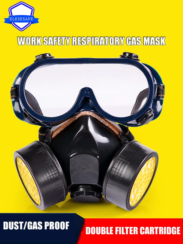 A black half-face respirator mask with a clear lens and dual filter cartridges is displayed on a yellow background.