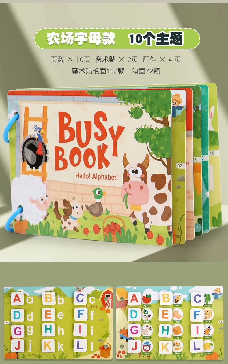 A set of 10 pages of a Busy Book for toddlers featuring alphabet letters and matching games