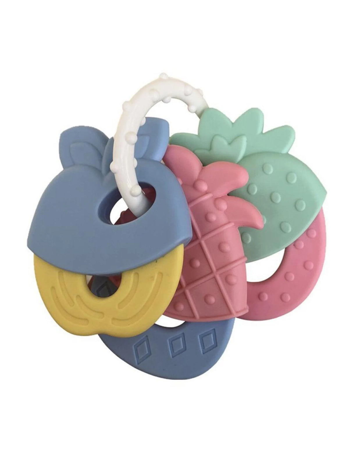 A set of silicone fruit teethers and a rattle for babies in pastel colors like blue, yellow, pink, and green.