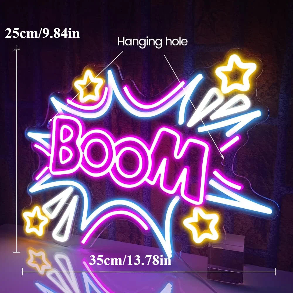 Neon sign spelling BOOM with stars and lightning bolts, illuminated in pink and blue light.