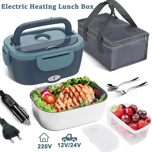 Una caja de almuerzo eléctrica portátil con sus componentes, incluida la unidad principal, una caja de almacenamiento y el ca
