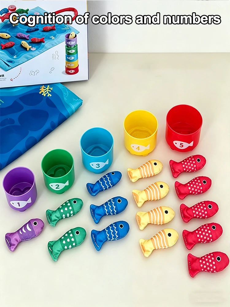 A set of colorful fabric fish and numbered containers for a Montessori fishing game for toddlers.