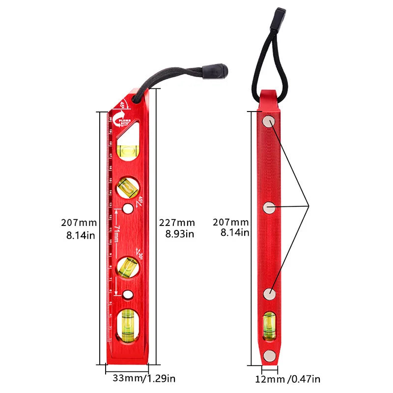 A red magnetic aluminum level ruler with a V-groove for precise angle measurement.