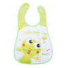 A yellow and green wipeable baby bib with a catch-all pocket for weaning toddlers.