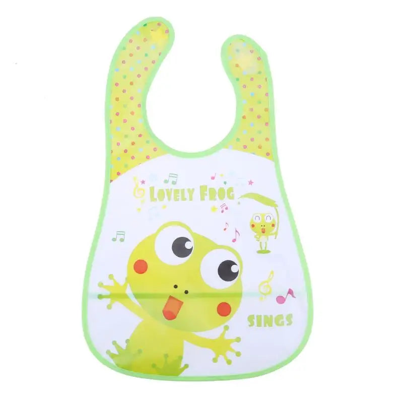 A yellow and green wipeable baby bib with a catch-all pocket for weaning toddlers.