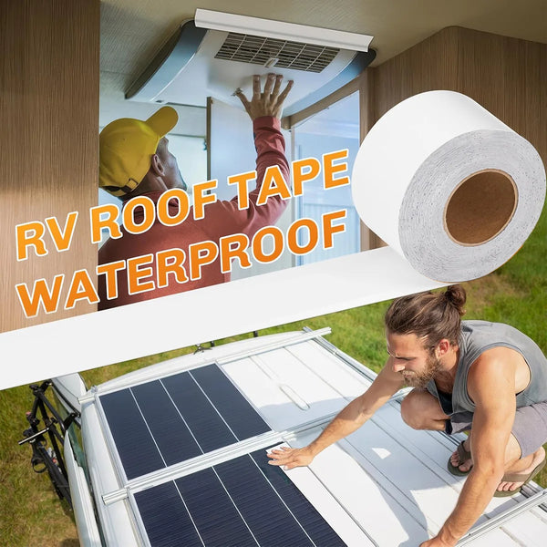 A person is applying RV roof tape waterproofing sealant to a solar panel on an RV roof.