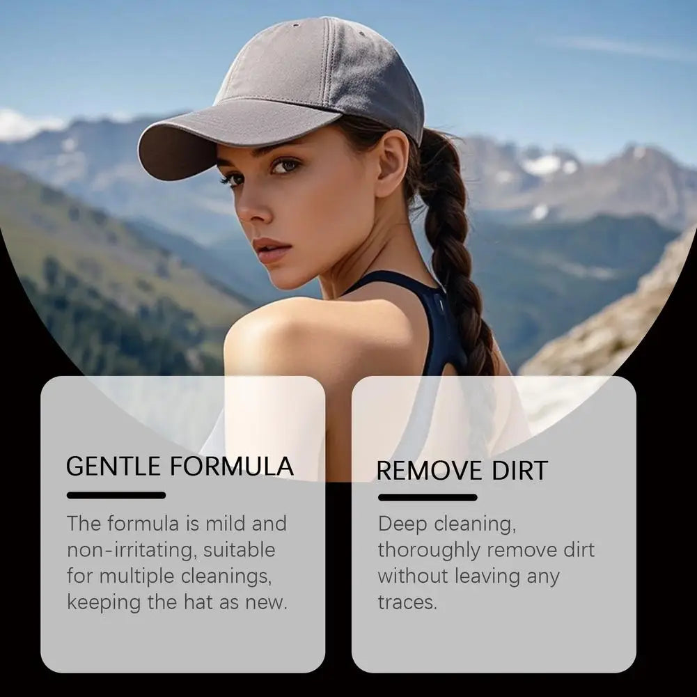 A woman wearing a gray cap is shown with cleaning instructions for the hat.
