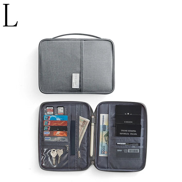 A gray waterproof family passport and document organizer wallet shown open.