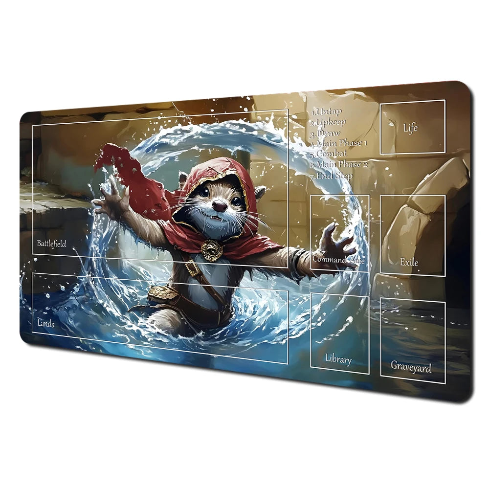 Fantasy card playmat featuring an illustration of a rabbit and raccoon character in a battle scene with various themed quadra
