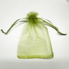 A sheer lime green organza drawstring bag tied at the top, displayed against a white background.