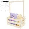 A light wooden storage crate with a handle is shown, containing various screws and a purple teddy bear and a yellow dinosaur 