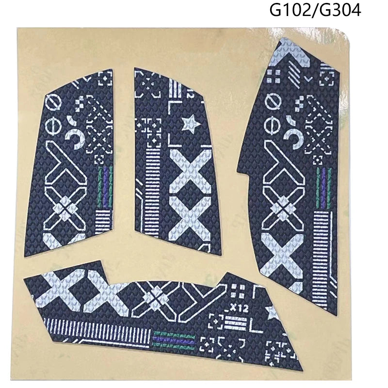 Anti-slip mouse grip tape labeled G102/G304 featuring a black and gray patterned design.