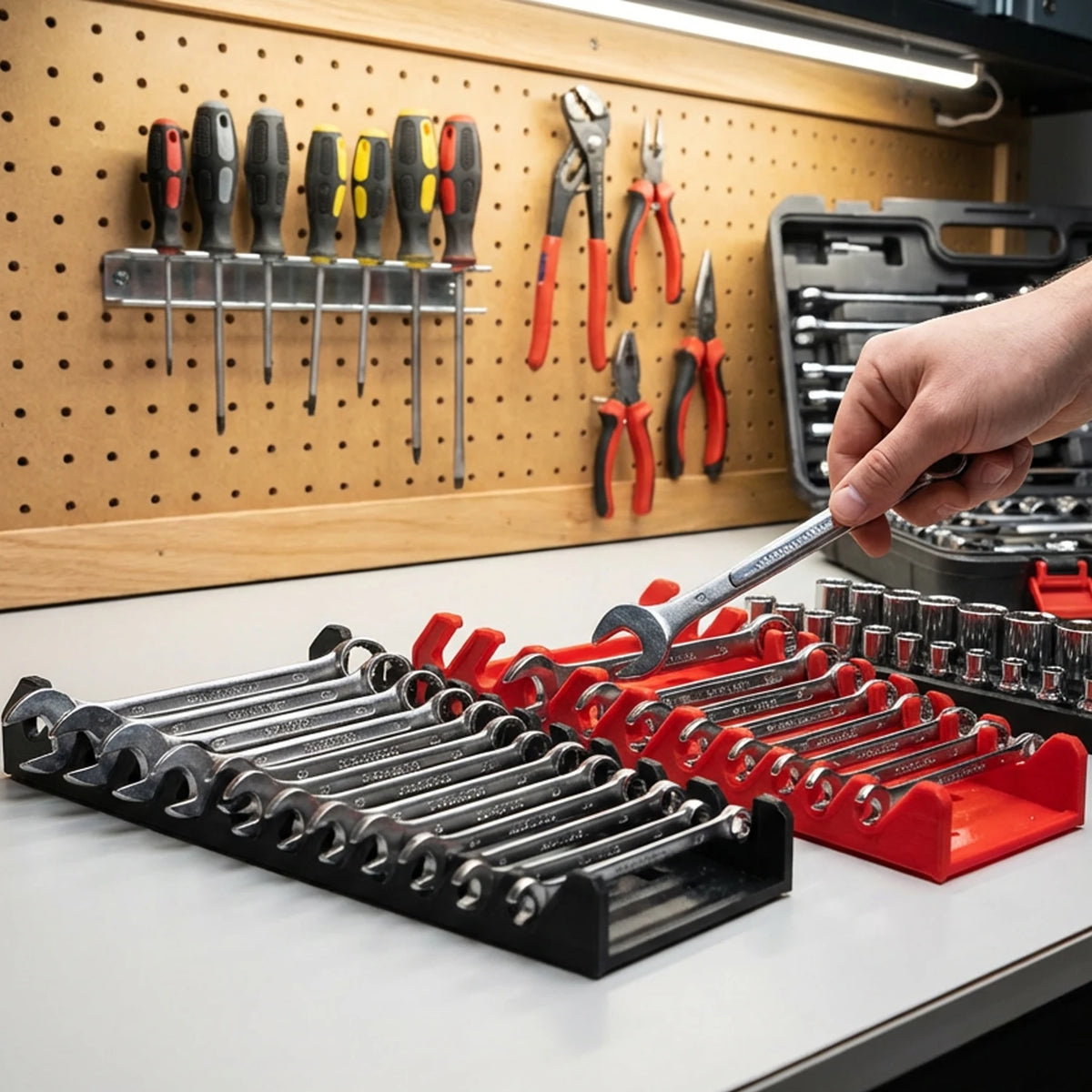 A hand is placing a wrench into a red organizer tray filled with various tools and pliers on a white surface.