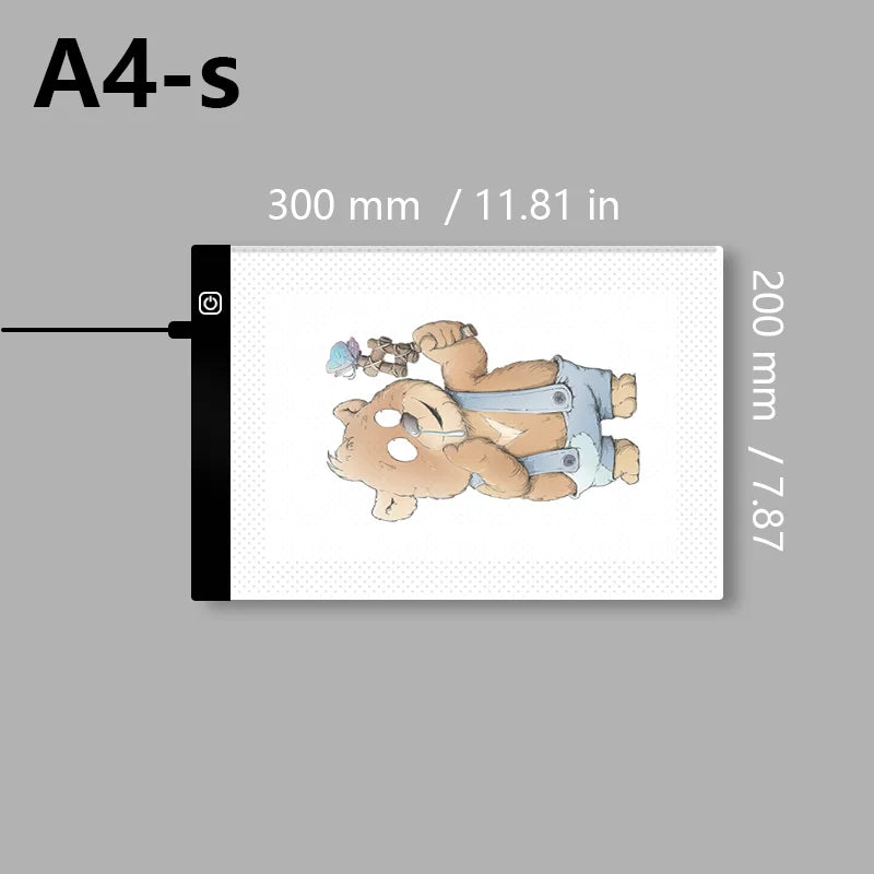 A transparent LED tracing light for artists is shown with dimensions 300 mm or 11.81 in and 200 mm or 7.87 inches.