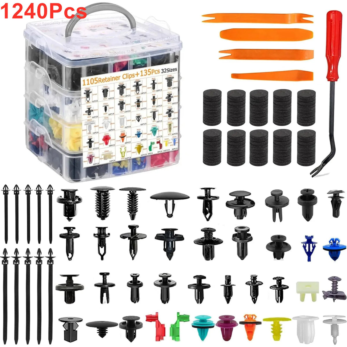 Assorted plastic push rivets for auto trim, bumper, and panel fastening, including various sizes and colors.