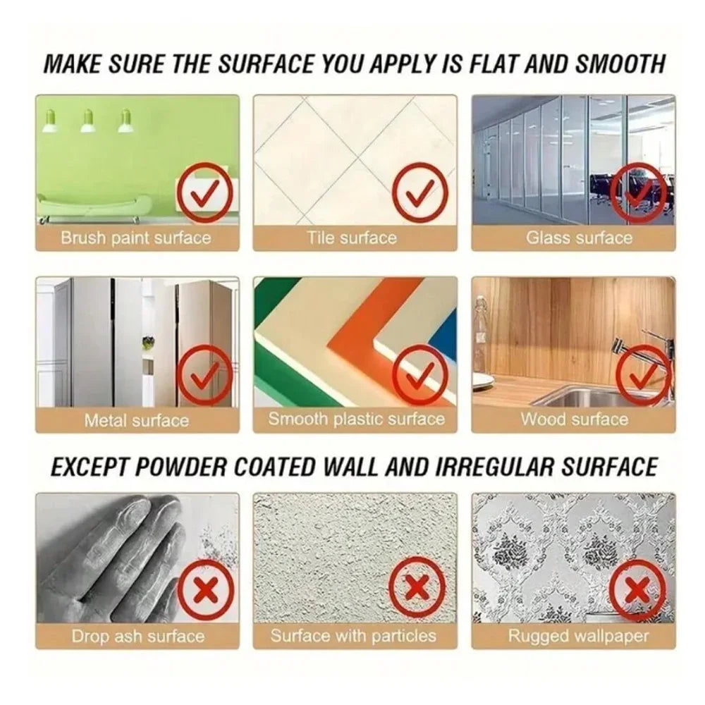 Image showing various surfaces to avoid for application, including powder coated walls and irregular surfaces.