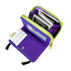 A purple compact wallet with a lime green zipper and a white card slot is shown open.