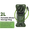 A portable water storage bag in olive green with a green hose and filling port.