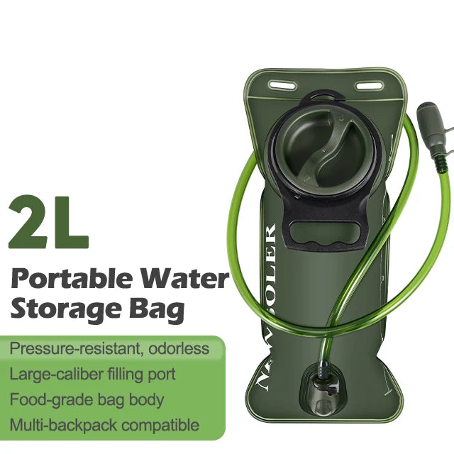 A portable water storage bag in olive green with a green hose and filling port.