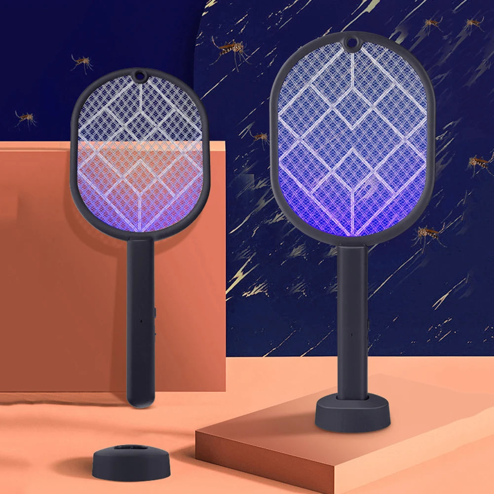 A black electric mosquito swatter with a UV light is displayed against a dark blue background.