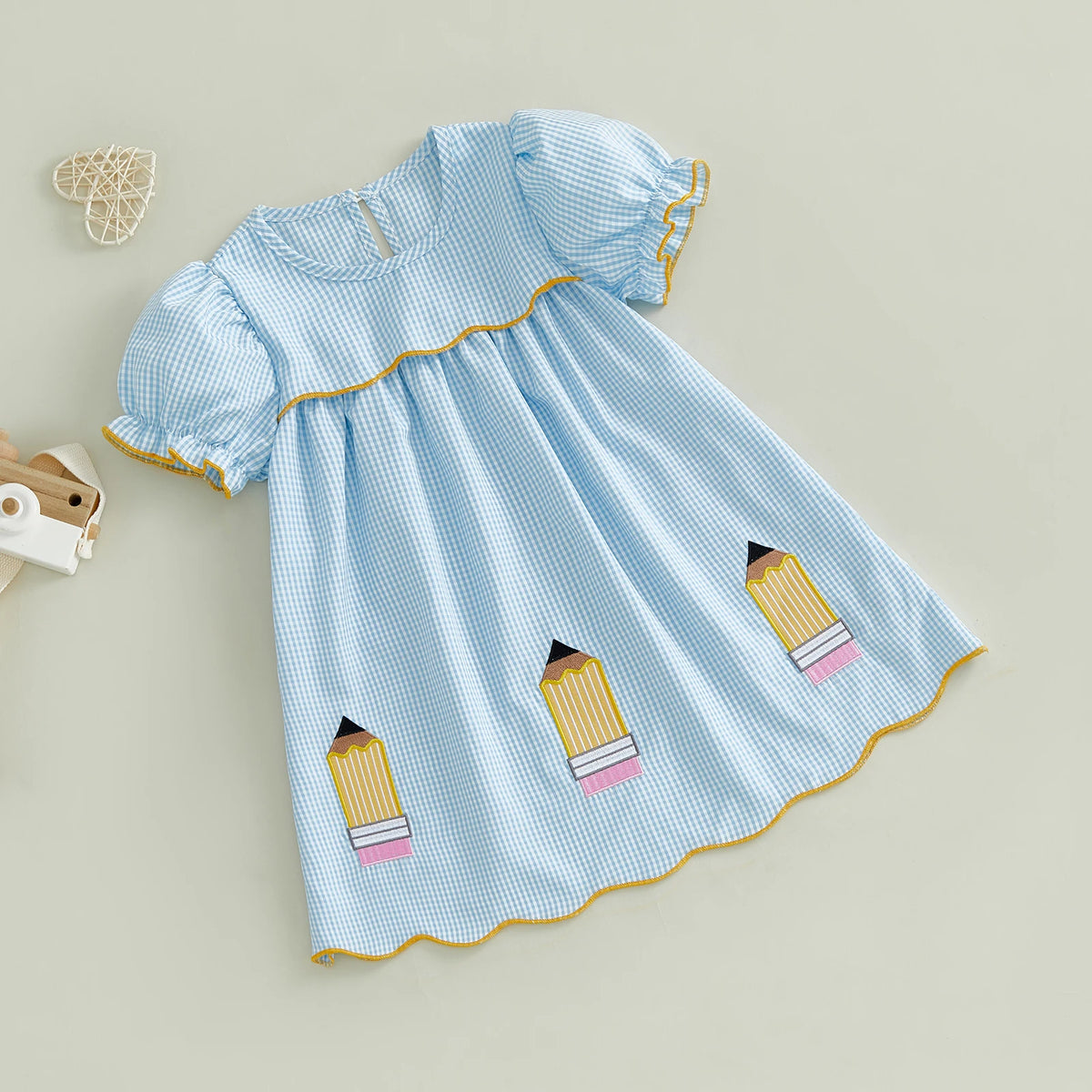 Girls' Plaid A-Line Summer Dress with Embroidered Details