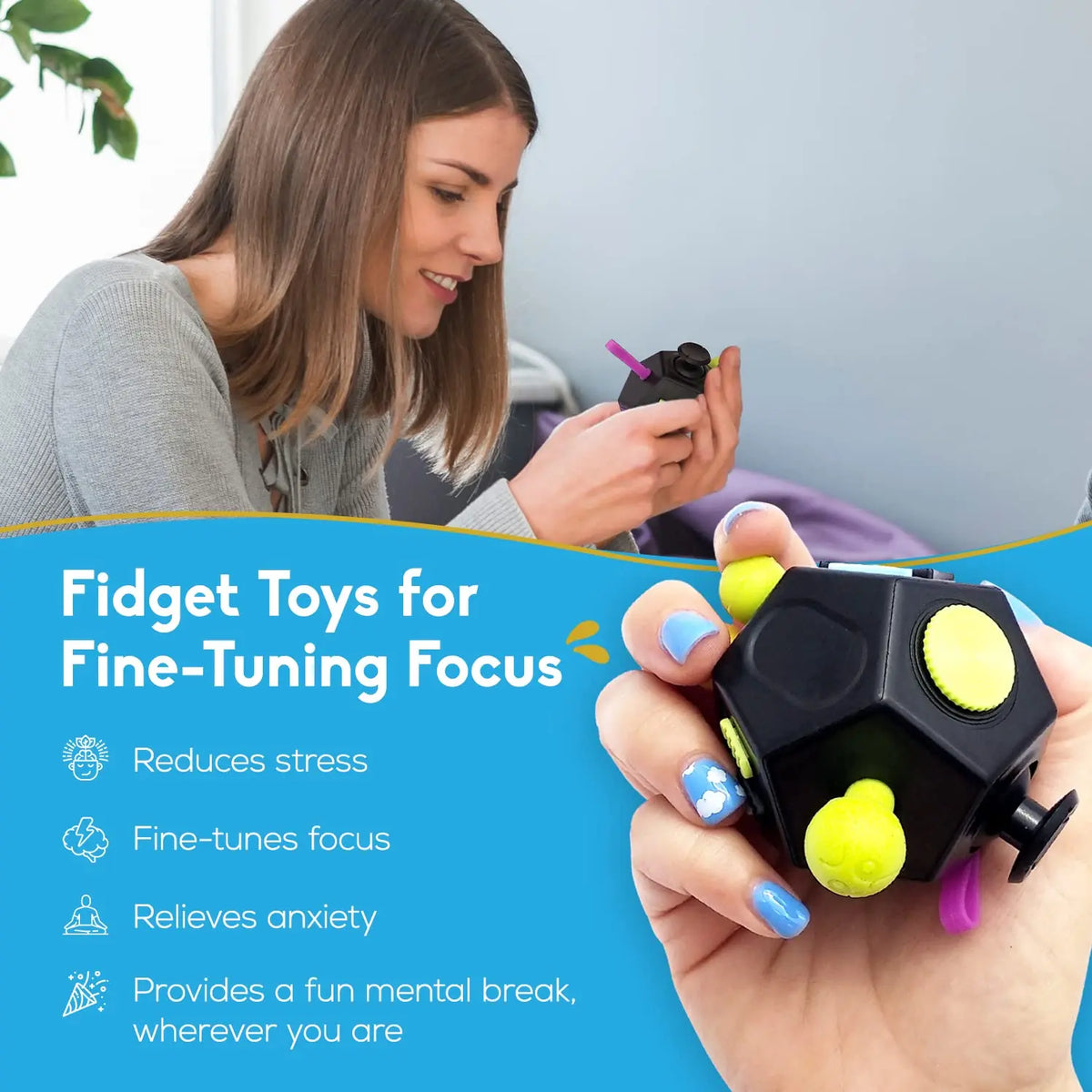 A hand holds a black fidget cube with yellow and blue pieces, demonstrating its use for focus and stress relief.
