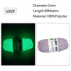 A spool of bright green glow-in-the-dark polyester yarn labeled G008F with specifications for diameter, length, and material.