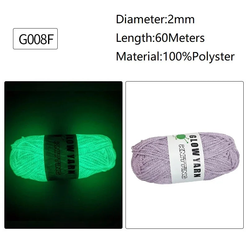 A spool of bright green glow-in-the-dark polyester yarn labeled G008F with specifications for diameter, length, and material.