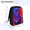 A black canvas daypack backpack featuring a vibrant graphic of a man with electric blue and red lightning effects.