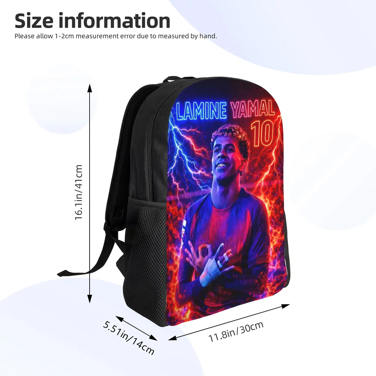 A black canvas daypack backpack featuring a vibrant graphic of a man with electric blue and red lightning effects.