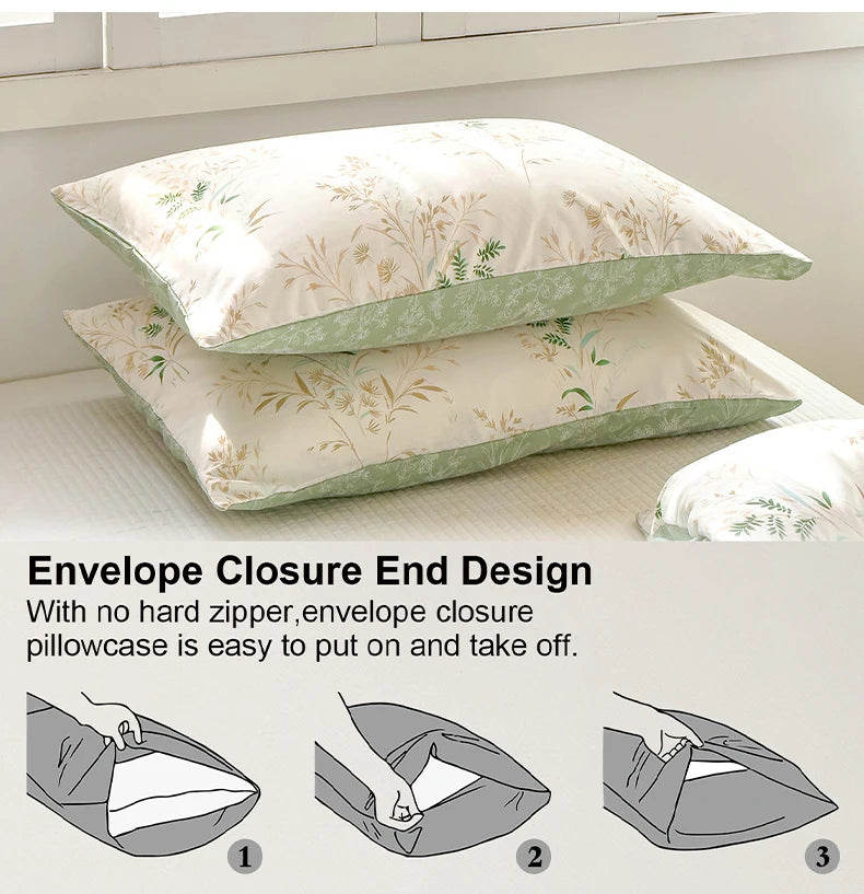 A set of pillowcases featuring an envelope closure design with a floral tea art print in cream and sage green.