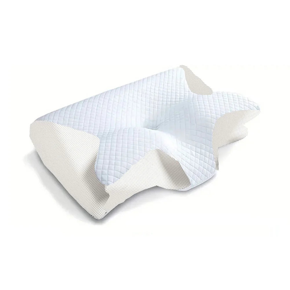 A white ergonomic memory foam cervical pillow shown from above.