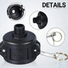 Details of an IBC tote drain adapter with a 2-inch camlock to a 3/4-inch garden hose fitting shown in various views.
