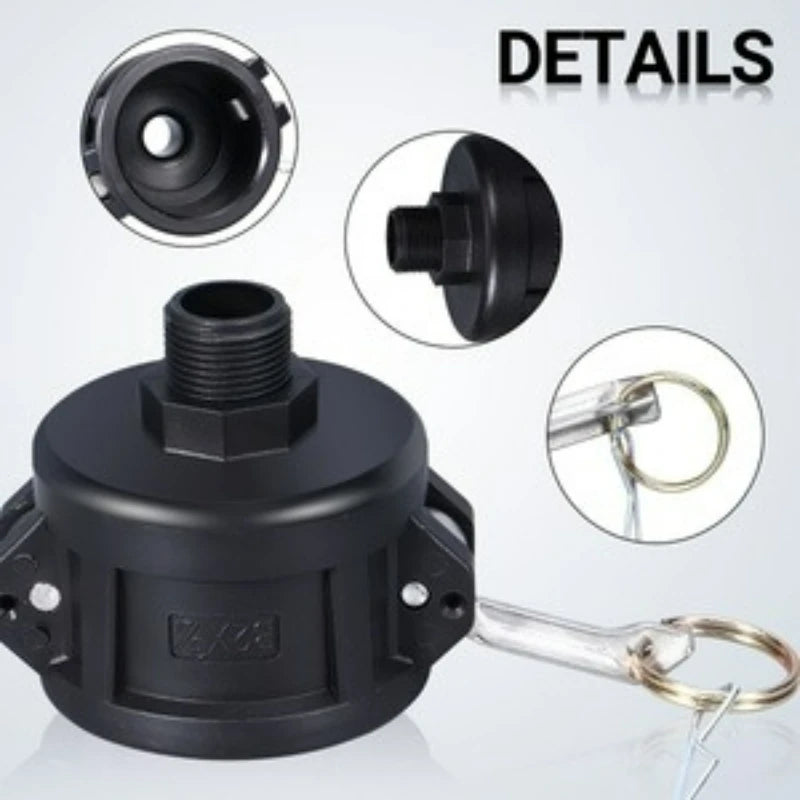 Details of an IBC tote drain adapter with a 2-inch camlock to a 3/4-inch garden hose fitting shown in various views.
