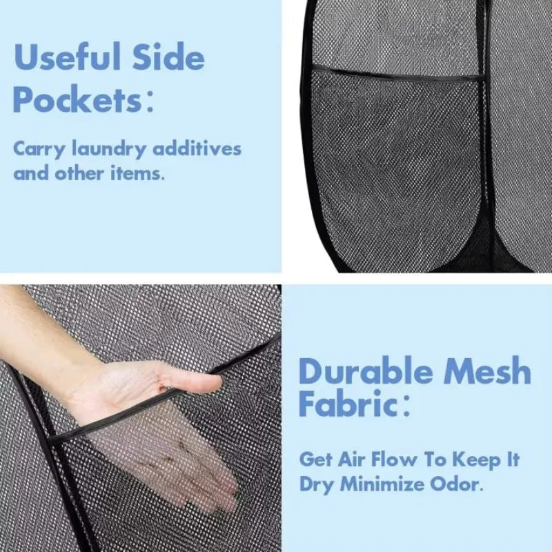 Close-up view of a black mesh laundry basket showing side pockets and durable fabric designed for airflow.