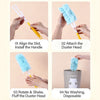 Step-by-step instructions showing how to align, attach, fluff, and use a disposable electrostatic duster head.