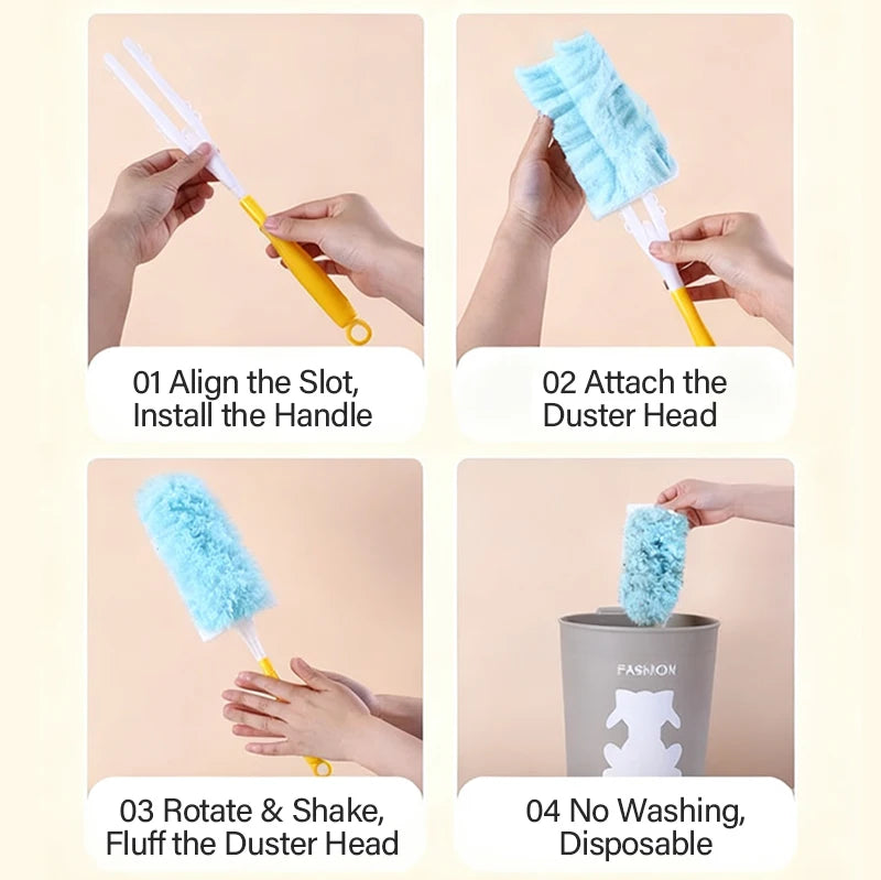 Step-by-step instructions showing how to align, attach, fluff, and use a disposable electrostatic duster head.