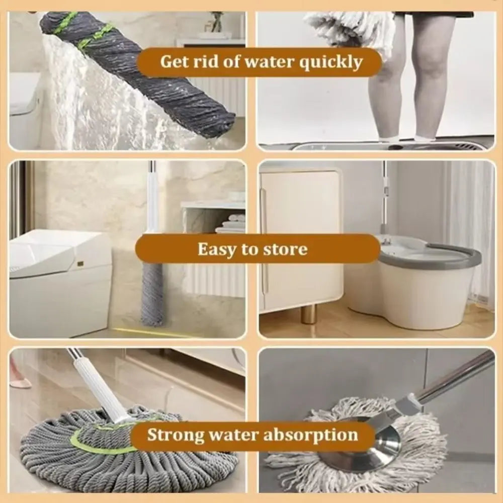 Hands-Free Self-Wringing Spin Mop with 360° Rotating Head shown in various uses for quick water removal and easy storage.
