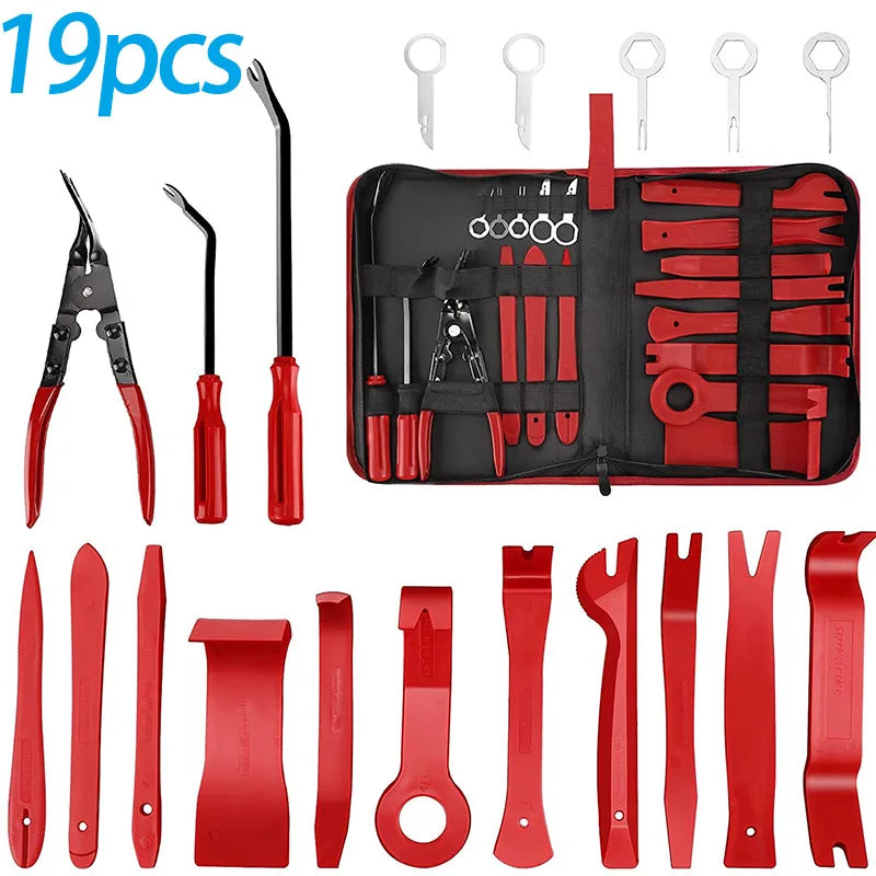 A collection of 19 pieces of red and black car trim removal tools and accessories in a storage pouch.