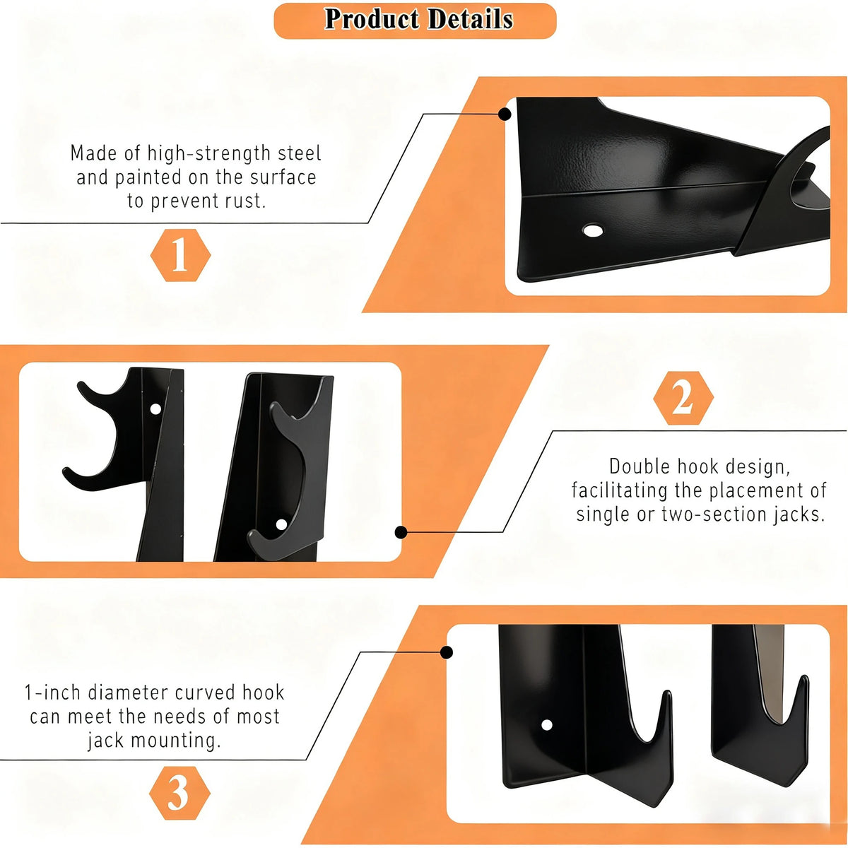 A set of black heavy-duty floor jack stands with a wall mount rack, featuring a 1-inch diameter curved hook for mounting.