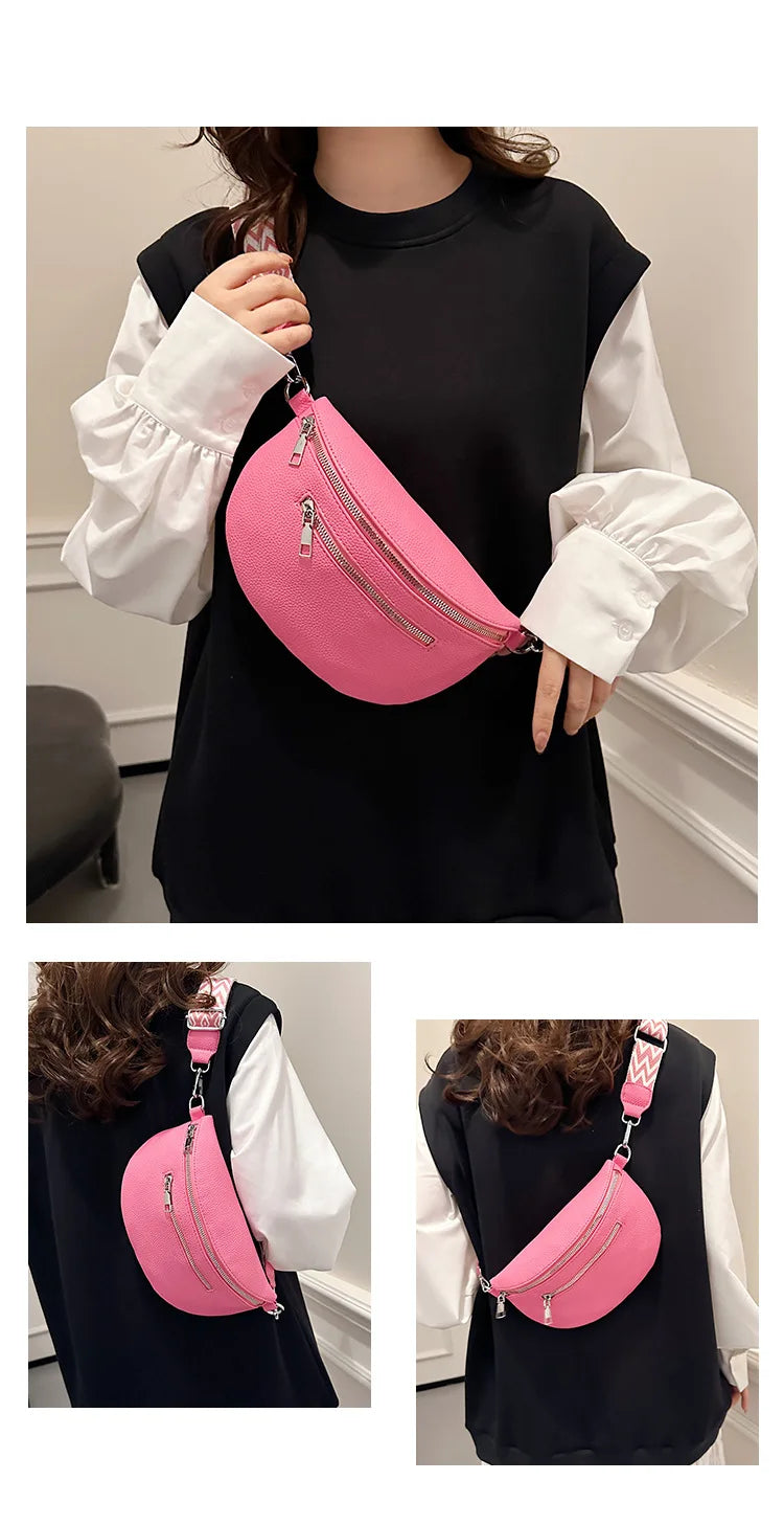 A pink multi-pocket PU leather waist bag with an adjustable strap is shown being held by a woman wearing a black top and whit