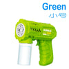 A bright green bubble gun is shown, featuring a clear tank and a trigger mechanism.