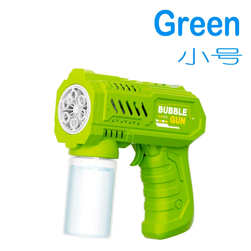 A bright green bubble gun is shown, featuring a clear tank and a trigger mechanism.