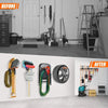 Before and after comparison of a heavy-duty wall-mounted garden tool organizer rack.