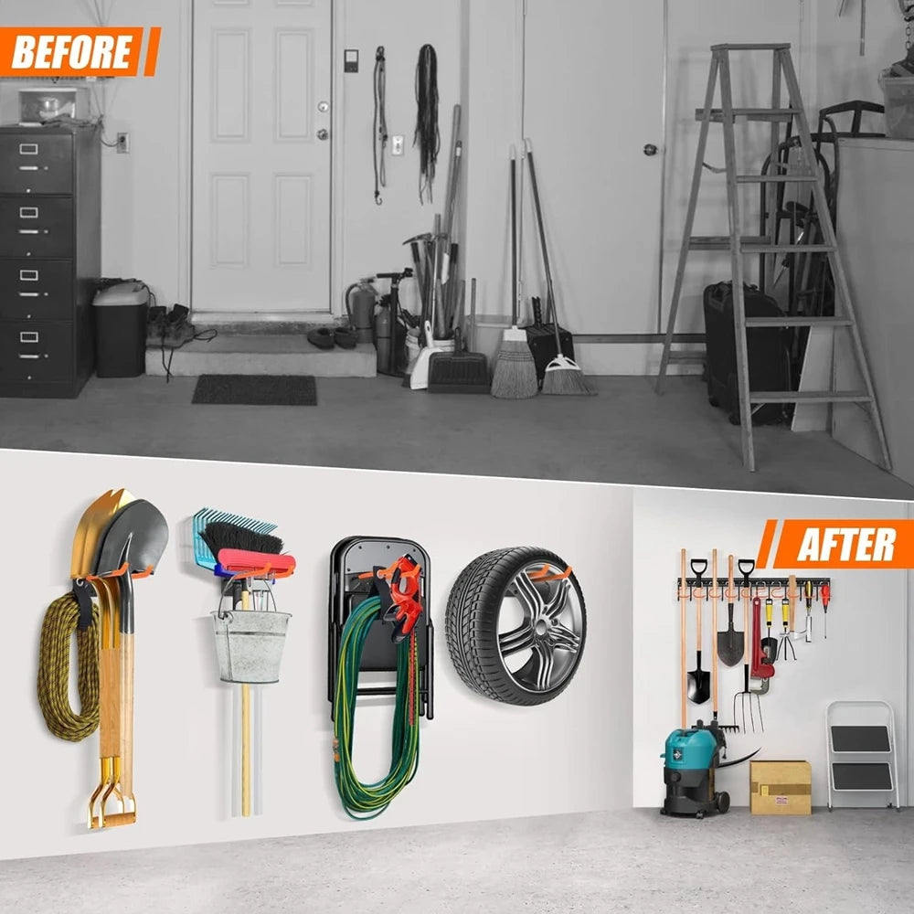 Before and after comparison of a heavy-duty wall-mounted garden tool organizer rack.
