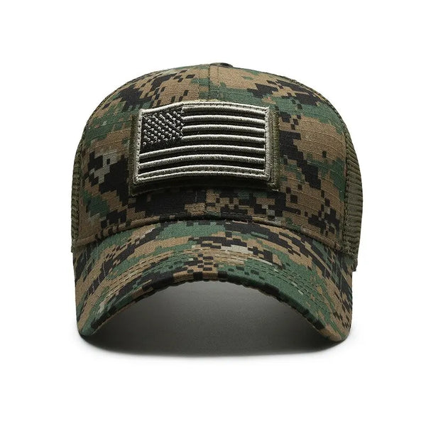 A dark green camouflage baseball cap featuring an embroidered American flag patch on the front.